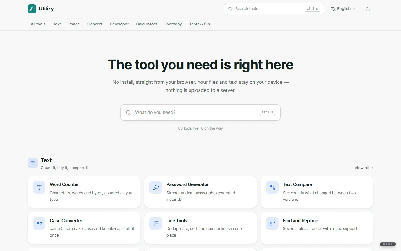 The Utilizy front page, with "The tool you need is right here", the search box and the tool categories