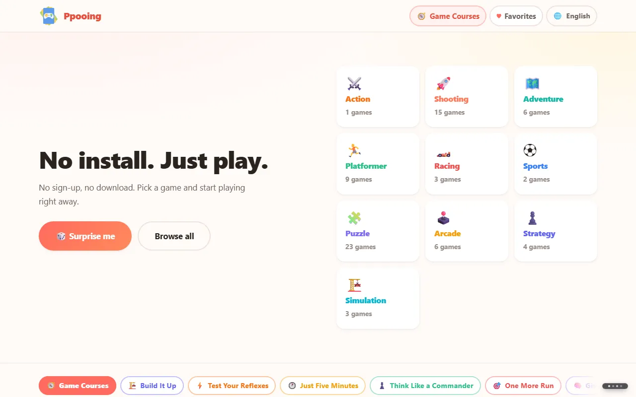 The Ppooing front page, with "No install. Just play.", two buttons and the genre tiles