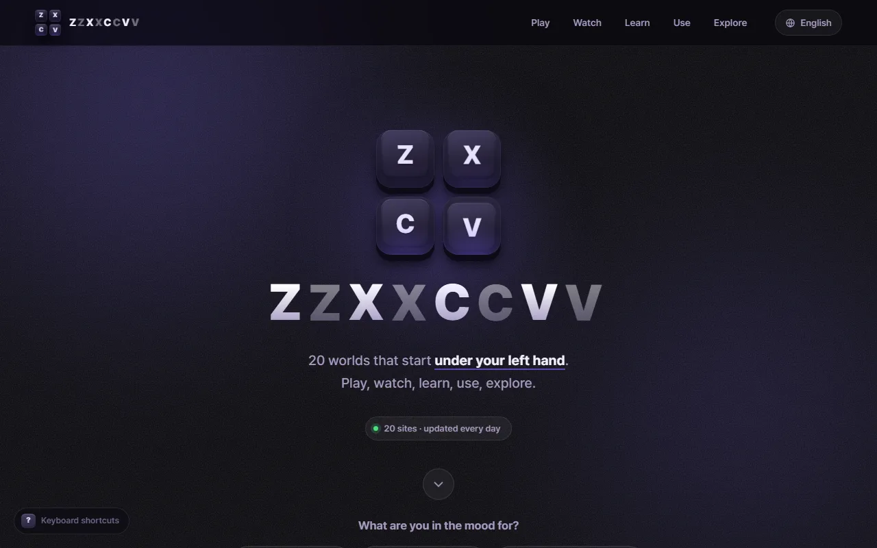 The ZZXXCCVV portal front page, with the keycap logo and the list of sites