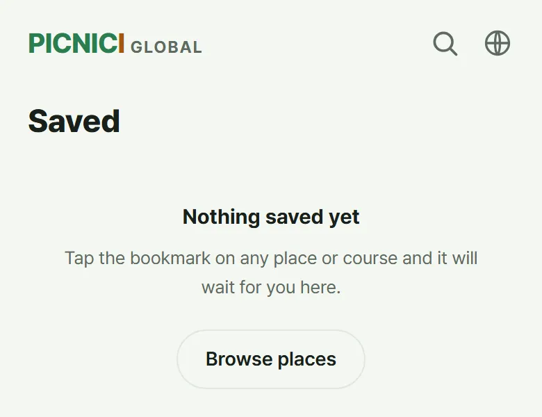 The Saved page before anything has been saved, with a button to browse places