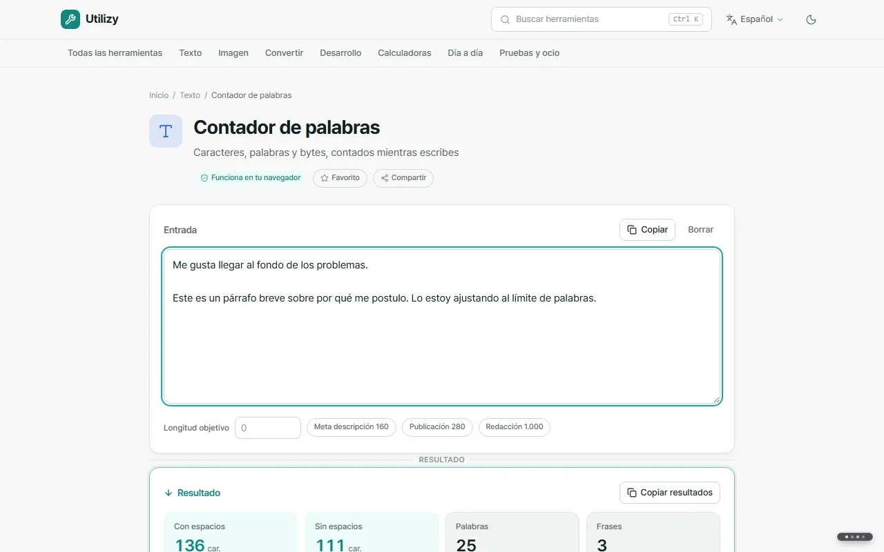 El Contador de palabras con un párrafo de ejemplo, mostrando los conteos con y sin espacios, palabras y frases