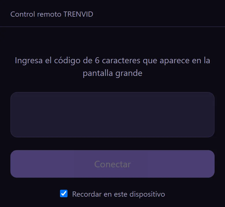 El control remoto de Trenvid en un teléfono, con un campo para el código de seis caracteres que aparece en la pantalla grande