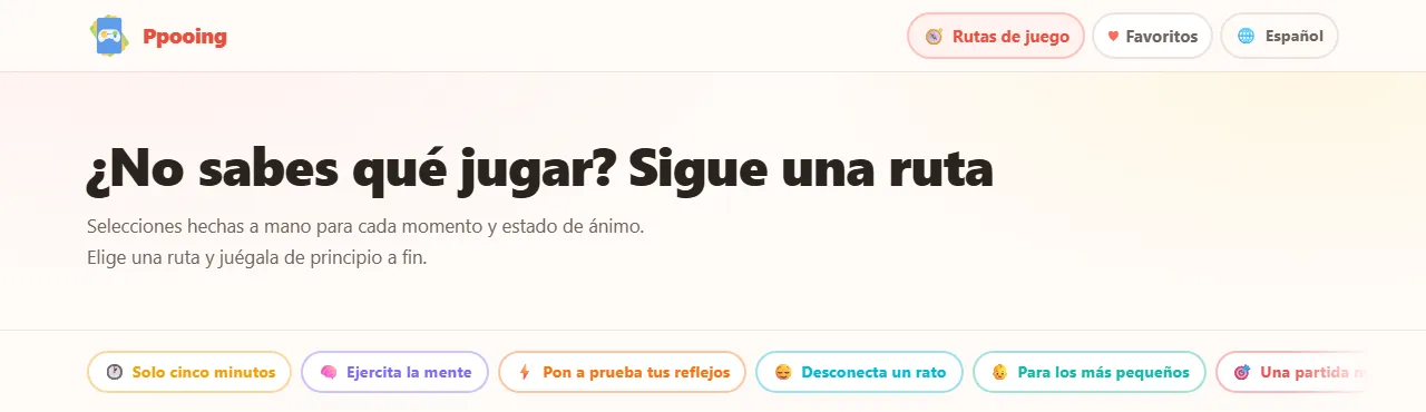 La página de Rutas de juego: "¿No sabes qué jugar? Sigue una ruta", seguida de los nombres de las rutas
