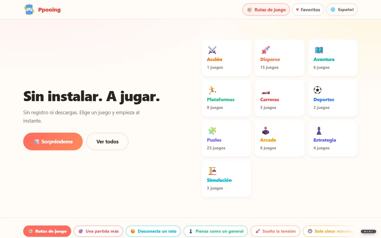 La página principal de Ppooing, con "Sin instalar. A jugar.", dos botones y las tarjetas de géneros