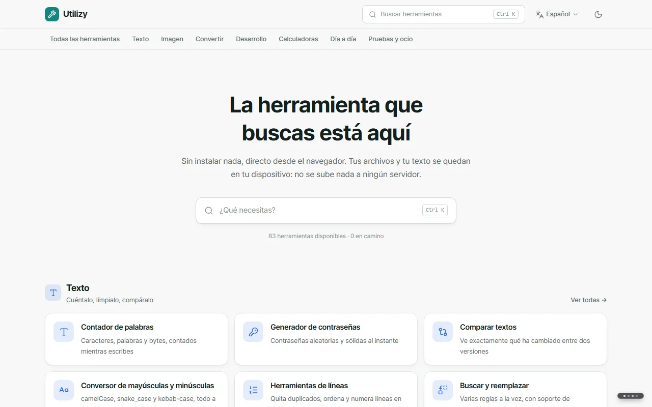La página principal de Utilizy, con "La herramienta que buscas está aquí", el cuadro de búsqueda y las categorías de herramientas