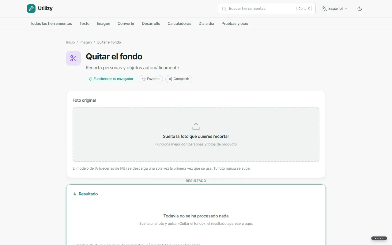 Quitar el fondo antes de añadir una foto, con el área de subida y la etiqueta Funciona en tu navegador