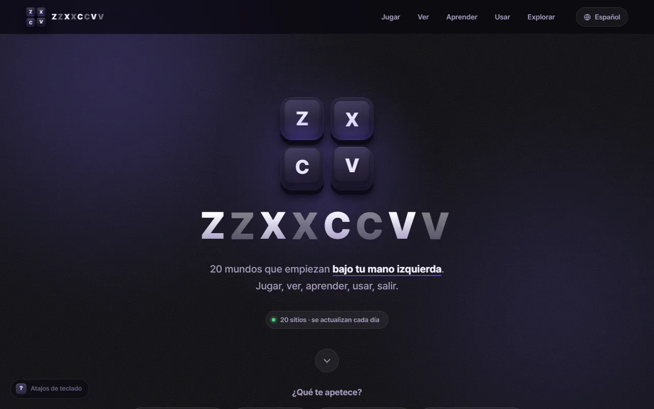 La página principal del portal de ZZXXCCVV, con el logotipo de teclas y la lista de sitios