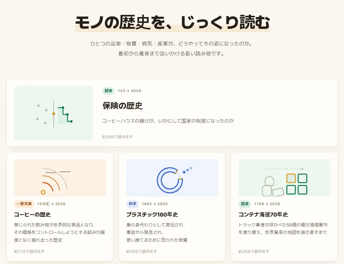 ストーリー一覧「モノの歴史を、じっくり読む」。カードごとに分野、扱う期間、読むのにかかる時間が書かれている