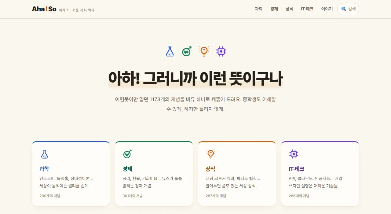 아하소 첫 화면. "아하! 그러니까 이런 뜻이구나" 제목과 과학, 경제, 상식, IT·테크 분야 카드가 보입니다